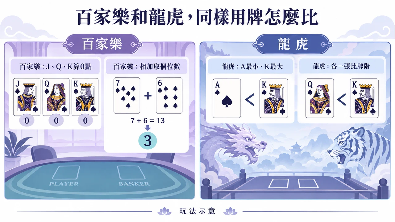 百家樂人頭牌算零與相加取個位數,對比龍虎A最小K最大的牌階