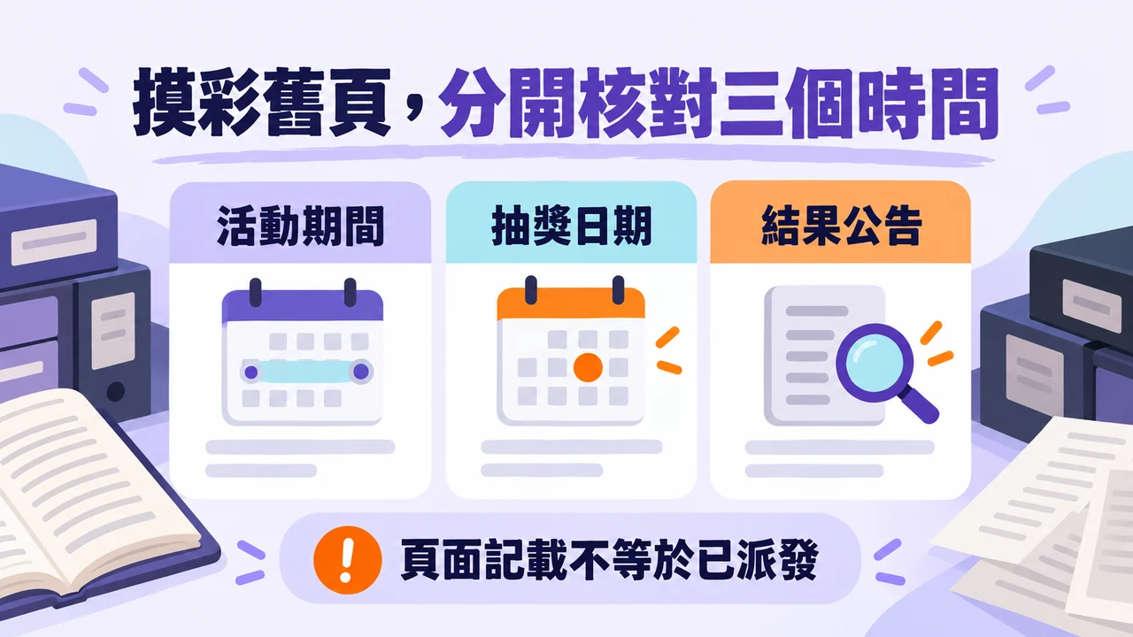 摸彩活動歷史頁面的日期、抽獎日與公告核對圖