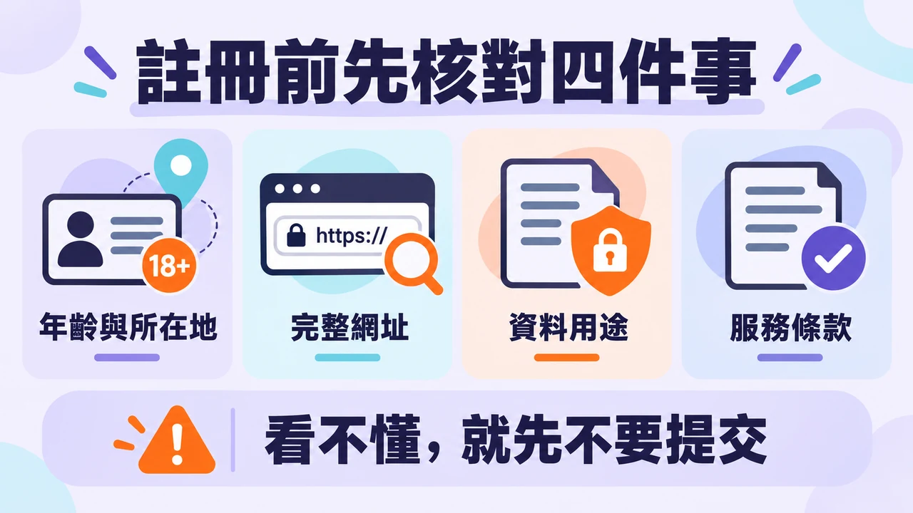 註冊前檢查網站網址與適用規範的流程圖