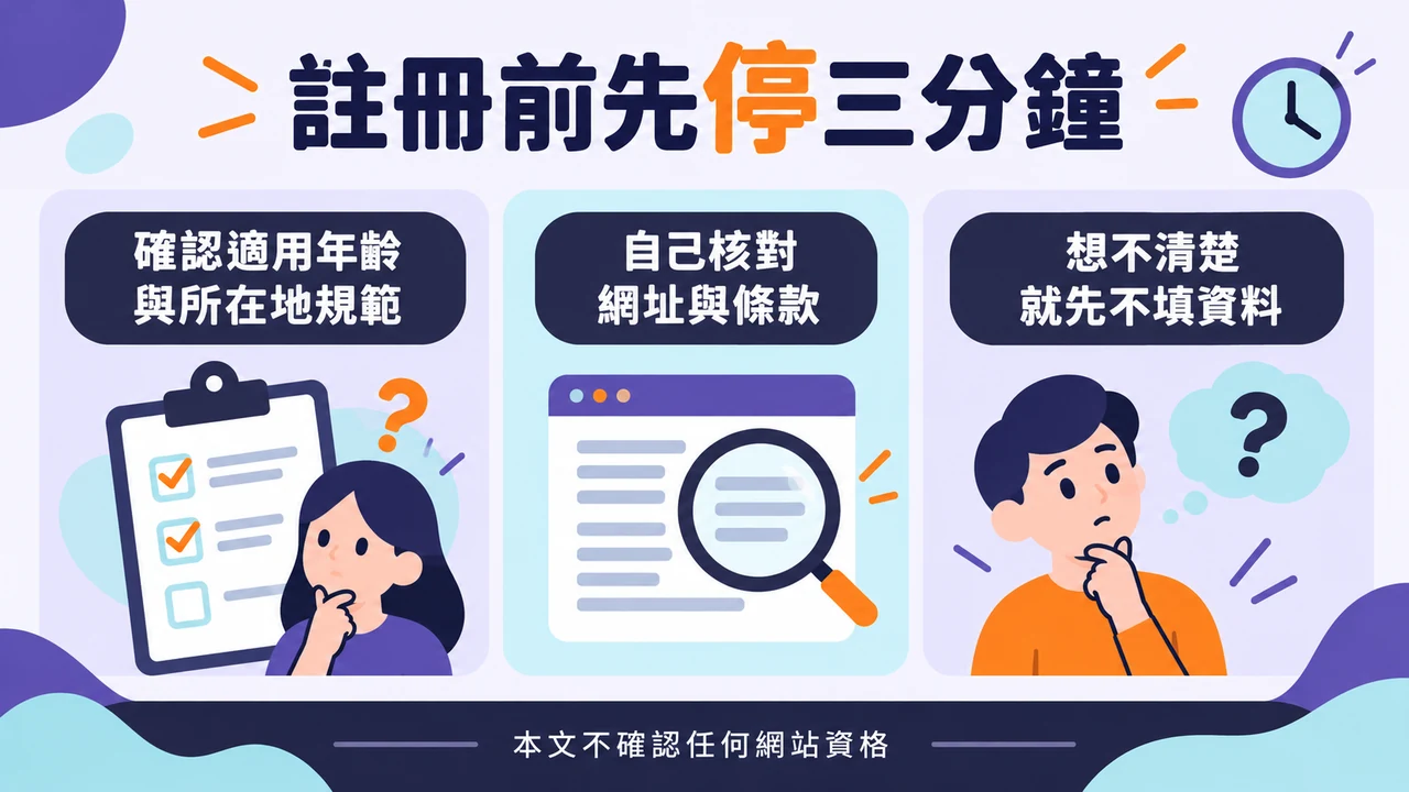 註冊前確認適用規範、網址及條款的檢查圖