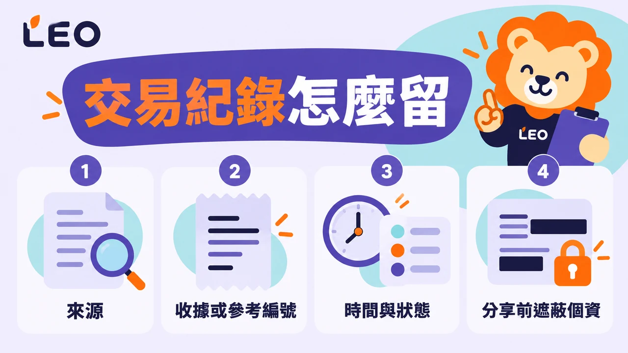 保存交易來源、收據編號、時間與狀態並遮蔽個資的檢查圖