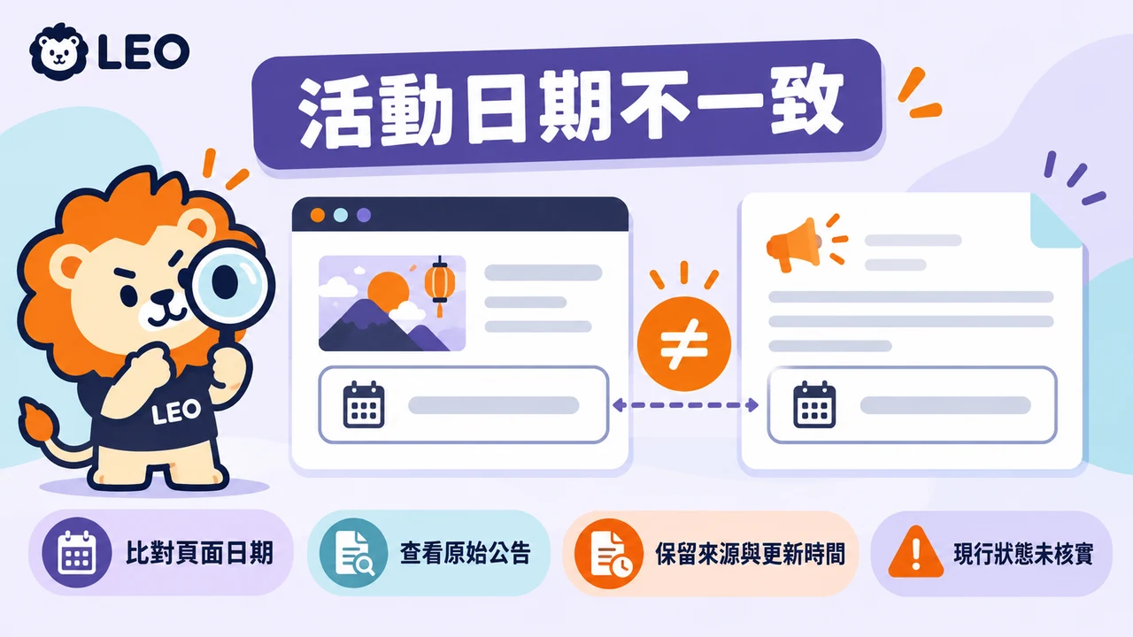 活動頁日期不一致時比對頁面與原始公告並記錄更新時間的流程圖